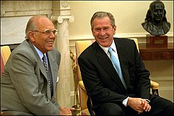 Presidents Jorge Batlle and George W. Bush at the Oval Office, White House, 2001. Bush with Batlle in the Oval Office.jpg