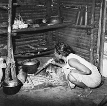 A traditional humble kitchen in Indonesia using firewood for cooking. COLLECTIE TROPENMUSEUM Een vrouw blaast een vuur aan met een stuk bamboe TMnr 20000266.jpg