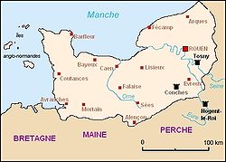 The duchy of Normandy in the second half of the 11th century, with the principal castles of the house of Tosny (in black) Carte Duche Tosny.jpg