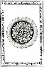 The tomb of Catherine in Vadstena in a drawing from 1820 where the Gumsehuvud coat of arms has been superimposed later. Catherine of Sweden (1448) grave drawing & family seal 1820 & 1879.jpg