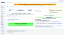 Uma captura de tela de uma página da web com um layout semelhante ao da Wikipedia, mas com um banner verde brilhante implorando doações no canto inferior esquerdo.