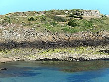 Hydropunctaria maura forming a stripe of black lichen (a vegetation zone) along the high-tide line in Saint-Malo, northwestern France Coastal vegetation zones at St Malo.jpg