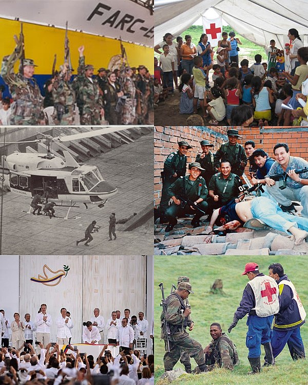 Top left: FARC guerrillas during the Caguan dialogues. Top right: Displaced people. Center left: National Police during the Palace of justice siege. C