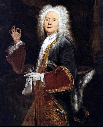 Colley Cibber as the extravagant and affected Lord Foppington, "brutal, evil, and smart", in Vanbrugh's The Relapse (1696).