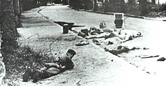 Image 23Belgian soldier taking cover by the corpses of dead hostages, November 1964 in Stanleyville during Operation Dragon Rouge (from History of Belgium)