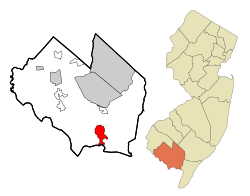 Map Location of Port Norris in Cumberland County highlighted in red (left). Inset map: Location of Cumberland County in New Jersey highlighted in orange (right).