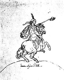 Dessin au crayon d'un homme jouant au polo sur son cheval.