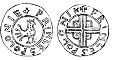A coin depicting a crowned bird on the one side, and a cross on the other side