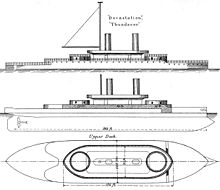 HMS Thunderer, right elevation and plan from Brassey's Naval Annual, 1888 Devastation class diagrams Brasseys 1888.jpg