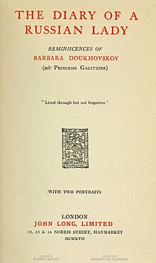 Title page of _The Diary of A Russian Lady_ with title; author; and publisher names in red.