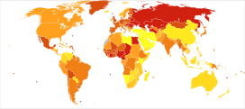 Deaths from Digestive diseases in 2012 per million persons. Statistics from WHO, grouped by deciles   36-131   132-205   206-232   233-274   275-313   314-352   353-390   391-460   461-546   547-1109 * The following groupings/assumptions were made: ** France includes the overseas departments as well as overseas collectivities. ** The United Kingdom includes the Crown dependencies as well as the overseas territories. ** The United States of America includes the insular areas. ** The Netherlands includes Aruba and the Netherlands Antilles. ** Denmark includes Greenland and the Faroe islands.