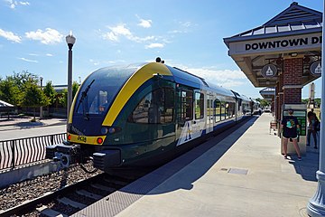 The DCTA A-train at Downtown Denton Transit Center in Denton, Texas