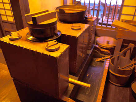 An 18th-century Japanese merchant's kitchen with copper Kamado (Hezzui), Fukagawa Edo Museum