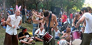 A small drum circle at Eeyore's Birthday Party...