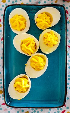 Stuffed half eggs as an appetiser