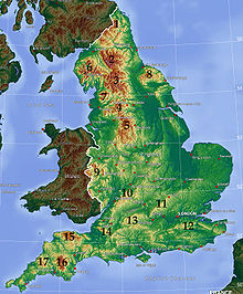 Topographic map of England, with major hilly and upland areas numbered: 1: Cheviot Hills; 2-5, 7: Pennines (2: North Pennines; 3: Yorkshire Dales; 4: South Pennines; 5: Peak District; 7: Forest of Bowland); 6: Lake District; 8: North York Moors; 9: Shropshire Hills; 10: Cotswolds; 11: Chiltern Hills; 12: North Downs; 13: North Wessex Downs; 14: Mendip Hills; 15: Exmoor; 16: Dartmoor; 17: Bodmin Moor England hill regions.jpg