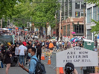 On June 8, 2020, the police-free Capitol Hill Autonomous Zone was established in the Capitol Hill neighborhood of Seattle. Entering Free Capitol Hill.jpg