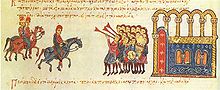 Five gold fleur-de-lis on red, in "Synopsis Istorion" illustration Entrance of the emperor Nikephoros Phocas (963-969) into Constantinople in 963 from the Chronicle of John Skylitzes.jpg