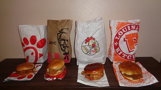 Many North American fast food restaurant chains, such as Chick-fil-A, KFC, PDQ, and Popeyes, offer chicken sandwiches and burgers.