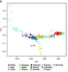 A PCA of several European populations. Figure 2a (Cropped) PCA of Europeans.jpg