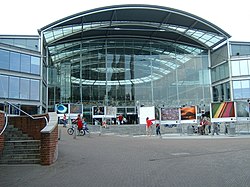 The Forum, on Millennium Plain in Norwich, where BBC Radio Norfolk has been based since June 2003. The BBC occupy the wing of the building seen on the left-hand side of the picture. ForumNorwich.JPG