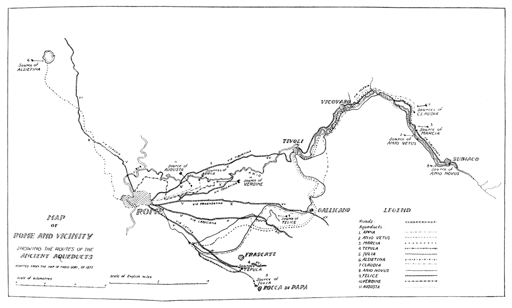 Map displaying the route of the ancient aqueducts of the city of Rome