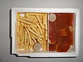 Frozen microwave food (TV dinner) Currywurst with French fries.JPG