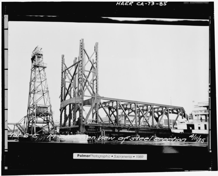 File:GENERAL VIEW OF STEEL ERECTION, EAST APPROACH SPAN AND TOWER, LOOKING NORTHEAST, April 11, 1935 - Sacramento River Bridge, Spanning Sacramento River at California State Highway HAER CAL,34-SAC,58-85.tif