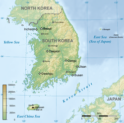 Mapa Jižní Koreje s ostrovem Ullung v pravém horním rohu