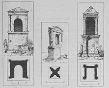 Dessins en noir et blanc de tours en élévation et en plan.