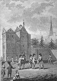 Boys hitting up outside the Harrow Old School, c. 1795 HarrowOldPrint.JPG