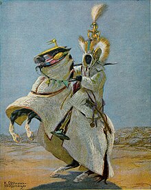 A depiction of a horseman from the Hausa state of Kano wearing lifidi (cotton-padded armour) Hausa Horseman wearing cotton padded armour.jpg