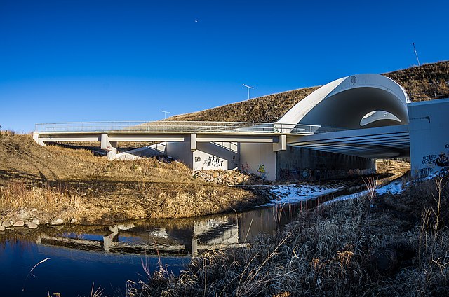 The unique structure over Whitemud Creek in southwest Edmonton was constructed with wildlife in mind, and to allow for a pedestrian and bicycle path.