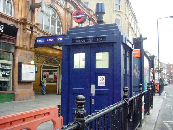 A police box still stands outside Earl's Court tube station in London.