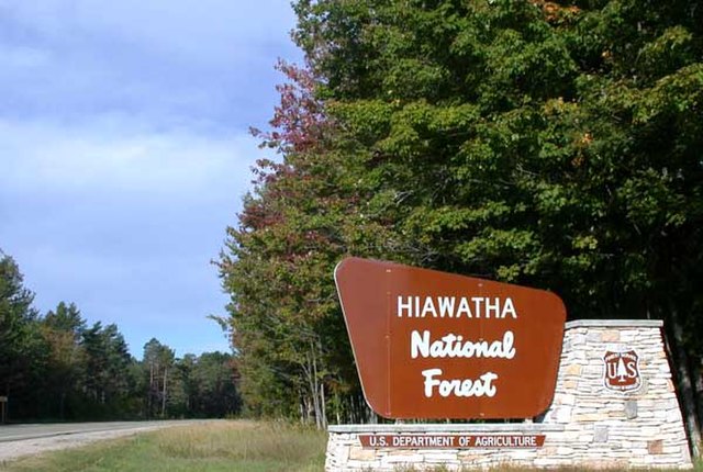 Hiawatha National Forest road sign on M-28/M-94 in Alger County west of Shingleton