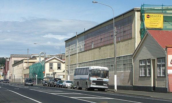 The Hillside Workshops, as they were before the 2019 upgrade. They stretch for over 500 metres along Hillside Road, South Dunedin.