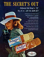 An advertisement for a bread using the contemporaneously popular Hollywood Diet as a selling argument Hollywood Diet Bread 1960s.jpg