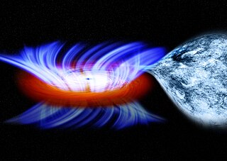 Künstlerische Darstellung von IGR J17091-3624. Um das Schwarze Loch ist eine rötliche Akkretionsscheibe zu sehen, die Winde sind bläulich und treten über- und unterhalb der Scheibe aus. Neben dem Schwarzen Loch ist der Stern abgebildet, von dem Materie in das Schwarze Loch fließt.