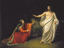 Mary Magdalene kneels before Jesus, who holds out a hand to her