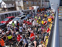 Randonnee participants crossing on the chain ferry from Cowes to East Cowes IW Randonnee cyclists.jpg