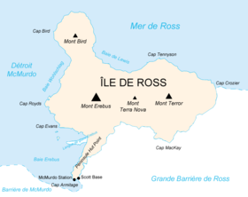 Mapa da Ilha de Ross mostrando Cape Bird a noroeste.