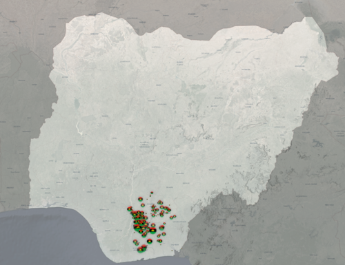 The location of political violence involving Indigenous Peoples of Biafra in Nigeria, 2015-2023, according to ACLED data Indigenous Peoples of Biafra -- ACLED Map.png