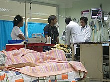 Cardiopulmonary resuscitation (CPR) being performed on a trauma patient in a hospital of Maracay, Venezuela. Like CPR, suspended animation could delay the onset of cell death (necrosis) in seriously injured or ill patients, providing them with more time to receive definitive medical treatment. Intrahospital CPR.jpg