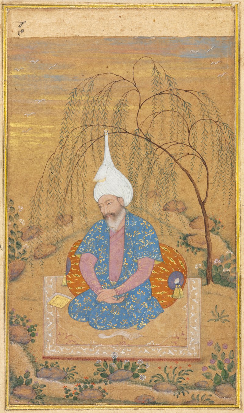 Painting of an aged Tahmasp sitting outdoors under a tree