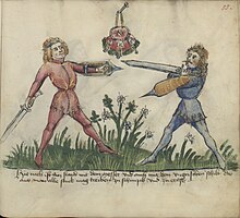 Fighting with a Messer and what is described as a "Hungarian shield" in the mid-15th-century German commentary (Gladiatoria fechtbuch fol. 55r) Jagiellonian Ms.Germ.Quart.16 (Gladiatoria) 55r - Messer and Hungarian shield.jpg