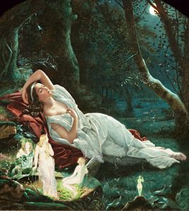 Titania durmiendo a la luz de la luna protegida por sus hadas de John Simmons, inspirada en el Sueño de una noche de verano de Shakespeare.