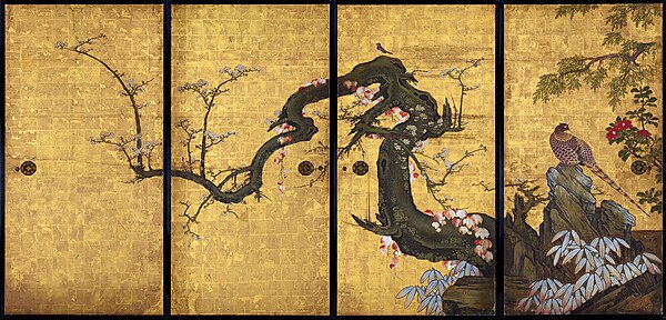 Set of sliding doors of Frolicking Birds in Plum and Willow Trees by Kanō Sansetsu, 1631, Important Cultural Property