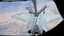 View from the boom operator's hatch as a F-35 takes on fuel from a KC-135 of the 912d ARS