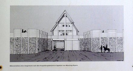 Artist's impression of a pincer gate (information board at the Oppidum Finsterlohr). Keltenwall131011 29zangtor.jpg