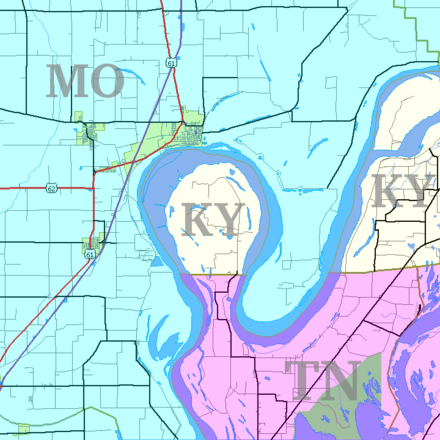 Kentucky Bend and surrounding area   Missouri (MO)   Tennessee (TN)   Kentucky (KY)